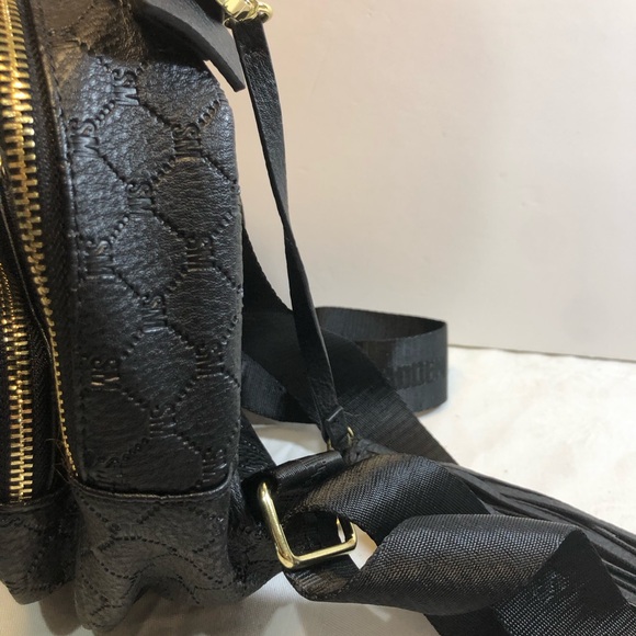 Steve Madden Backpack Purse Bag Black Gold Logo BBlogo Print seatbelt straps - Picture 5 of 15